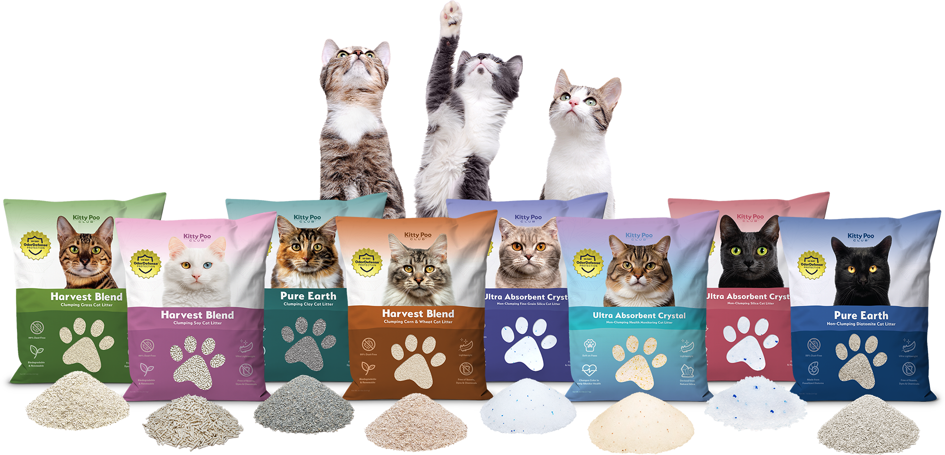 Full lineup of Kitty Poo Club litter types with bags in various colors and matching litter samples below. Cats behind the bags reaching upwards.
