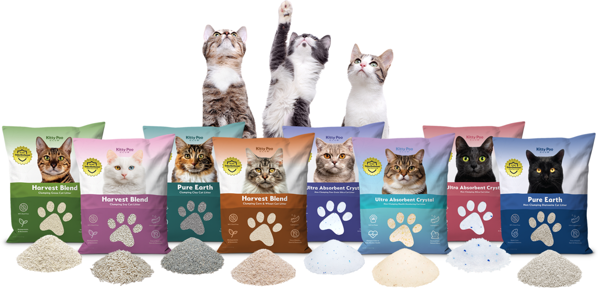Full lineup of Kitty Poo Club litter types with bags in various colors and matching litter samples below. Cats behind the bags reaching upwards.