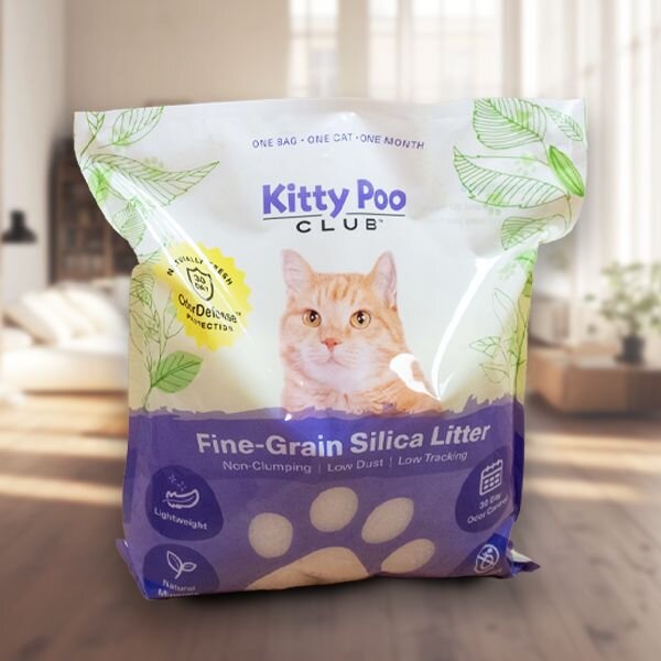 A bag of Kitty Poo Club's Fine-Grain Silica Litter
