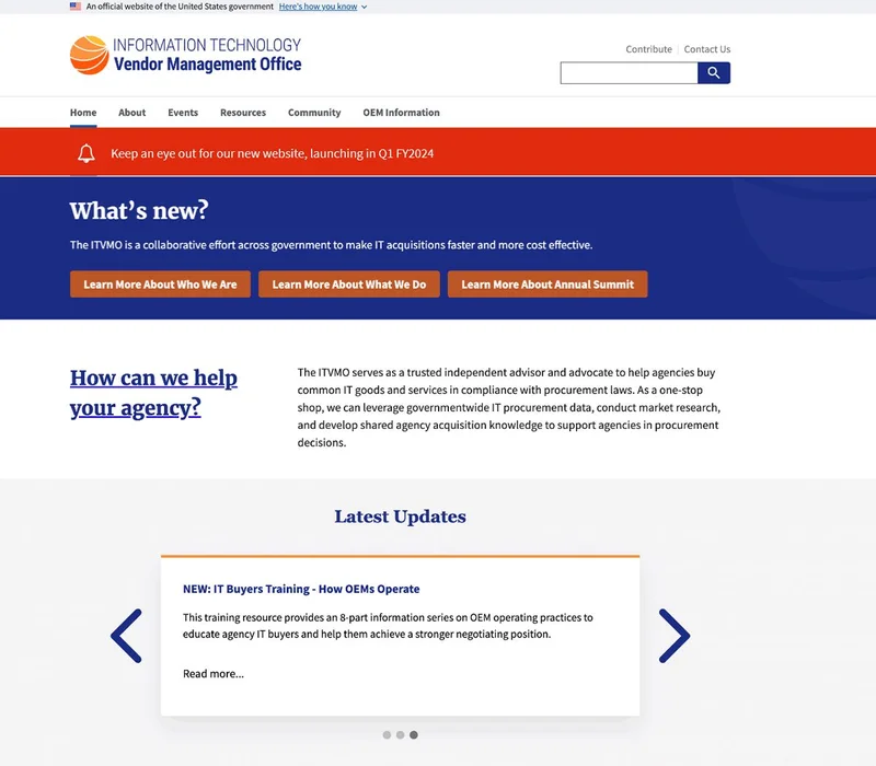 The previous ITVMO website. A red banner announces a new site launching in Q1 FY2024. Below it, a blue panel headed "What's new?" holds three orange buttons reading Learn More About Who We Are, Learn More About What We Do, and Learn More About Annual Summit. Further down, a Latest Updates carousel shows a single item between two arrow controls.