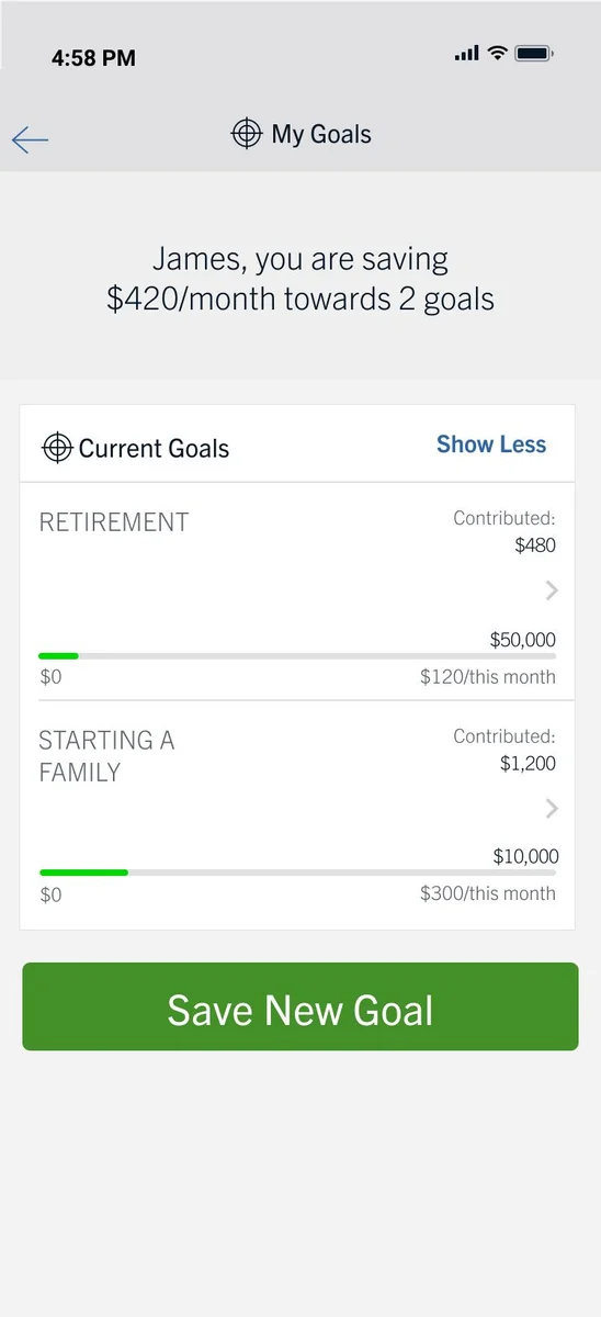 My Goals screen showing two active goals, their savings progress, and a Save New Goal action.