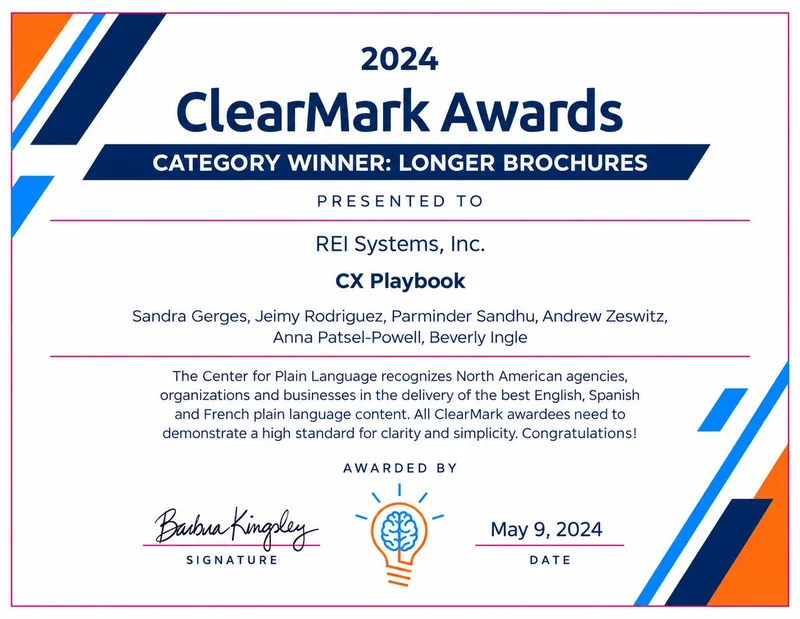 2024 ClearMark Awards certificate naming REI Systems, Inc., the CX Playbook, and all six co-authors