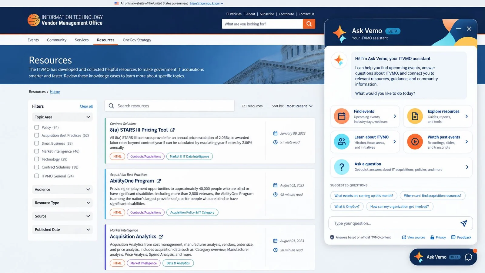 The ITVMO resources page with the Ask Vemo assistant panel open, showing four suggested routes and a note that answers are based on official ITVMO content.