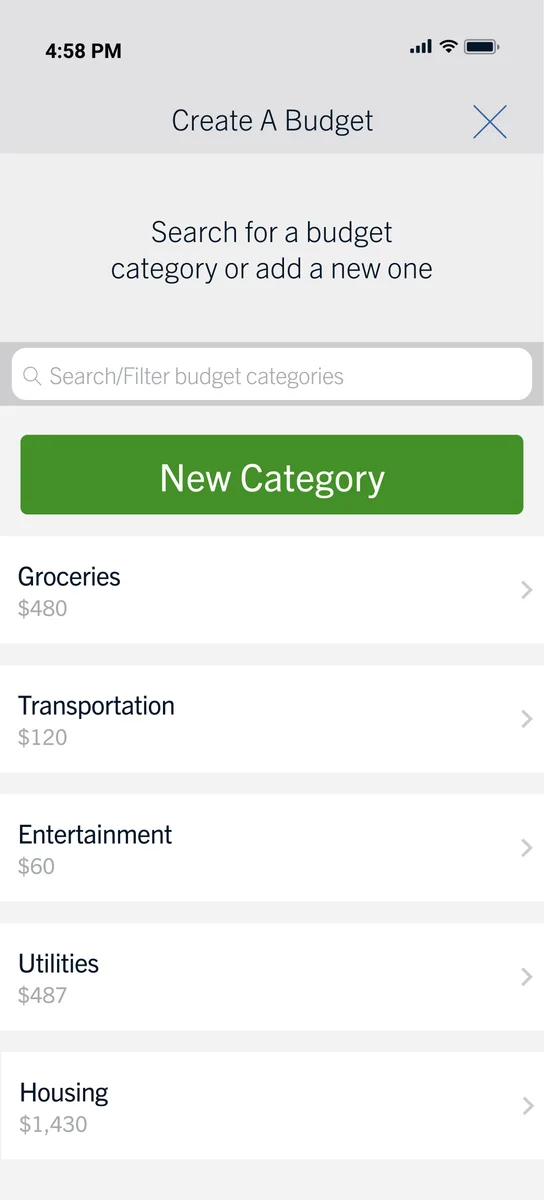 Capital One Create A Budget screen with a category search, New Category button, and budget-category list.