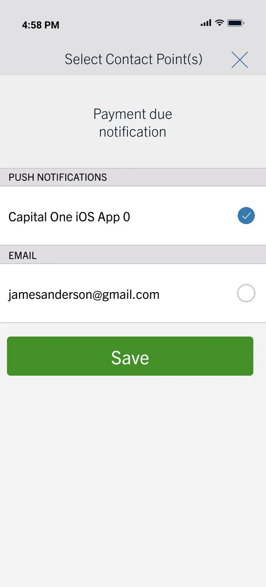 Capital One Select Contact Point screen for a payment-due notification, with selected push notifications and an available email option.