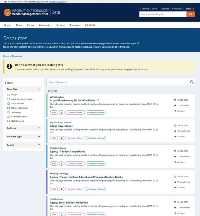 The same resource library after revision. A yellow callout reads "Don't see what you are looking for?" with links to Contribute and Contact us. The search field now reads "Search Resources" and the filter rail spells Audience correctly.