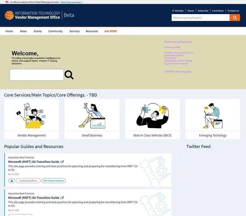 A homepage design working file. A beige hero panel with a search field sits beside handwritten notes in orange reading "Showcases guiding people", "brokering deals", and "GRAPHIC More impactful". Below, four illustrated category cards sit under a heading still labeled "Core Services / Main Topics / Core Offerings - TBD", followed by the first two resource card treatments.
