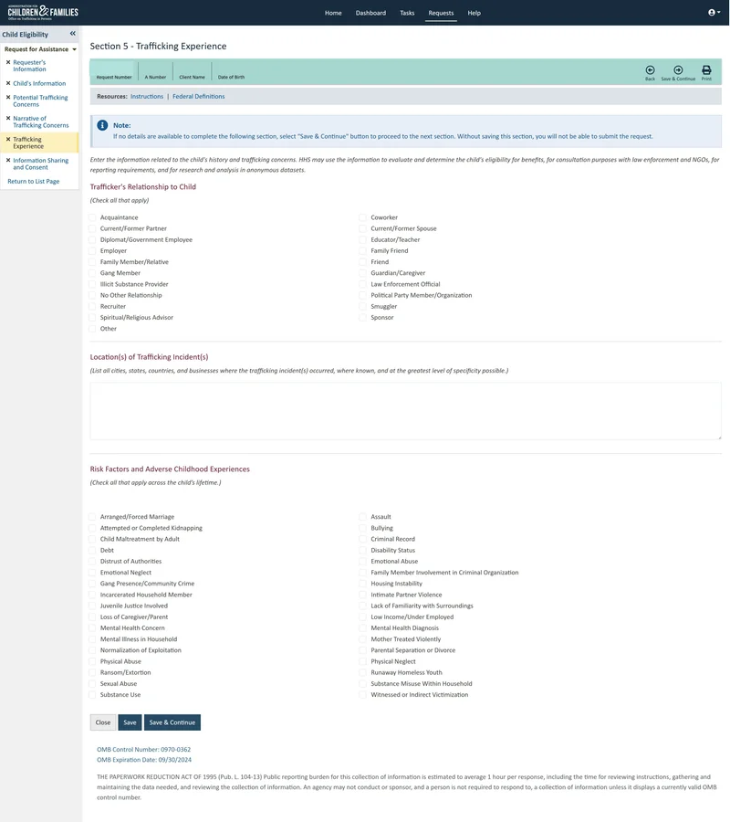 Section 5, Trafficking Experience. A checklist of eighteen options for the trafficker's relationship to the child, a free-text field for locations of trafficking incidents, and a two-column checklist of risk factors and adverse childhood experiences. A note at the top tells requesters to save and continue even when no details are available, because an unsaved section blocks submission.