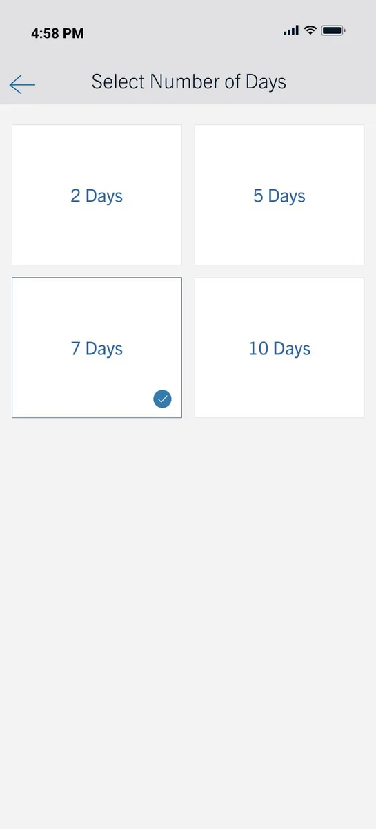 Capital One Select Number of Days screen with two, five, seven, and ten day options, with seven days selected.