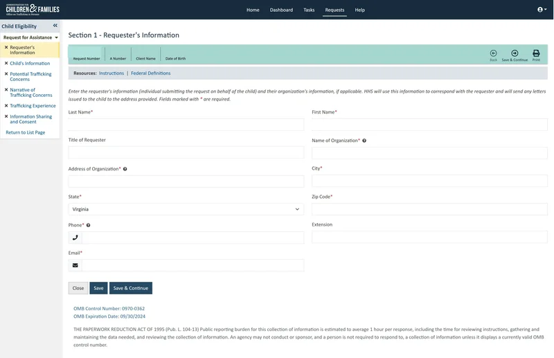 Section 1, Requester's Information, in the Anti-Trafficking Information Management System. A left rail lists six sections in order: Requester's Information, Child's Information, Potential Trafficking Concerns, Narrative of Trafficking Concerns, Trafficking Experience, and Information Sharing and Consent, each with a completion marker. A teal bar across the top holds the request number, alien number, client name, and date of birth, with Back, Save & Continue, and Print controls.