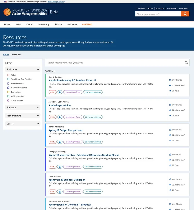 A resource library page listing 108 items. A left filter rail offers Topic Area, Audiance, Resource Type, and Source. The search field reads "Search Frequently Asked Questions".