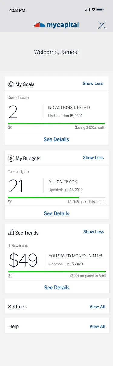 MyCapital home screen welcoming James, with goals, budgets, trends, settings, and help.