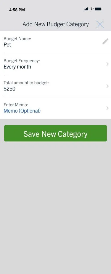 Capital One Add New Budget Category screen with Pet as the budget name, monthly frequency, a $250 amount, and Save New Category action.