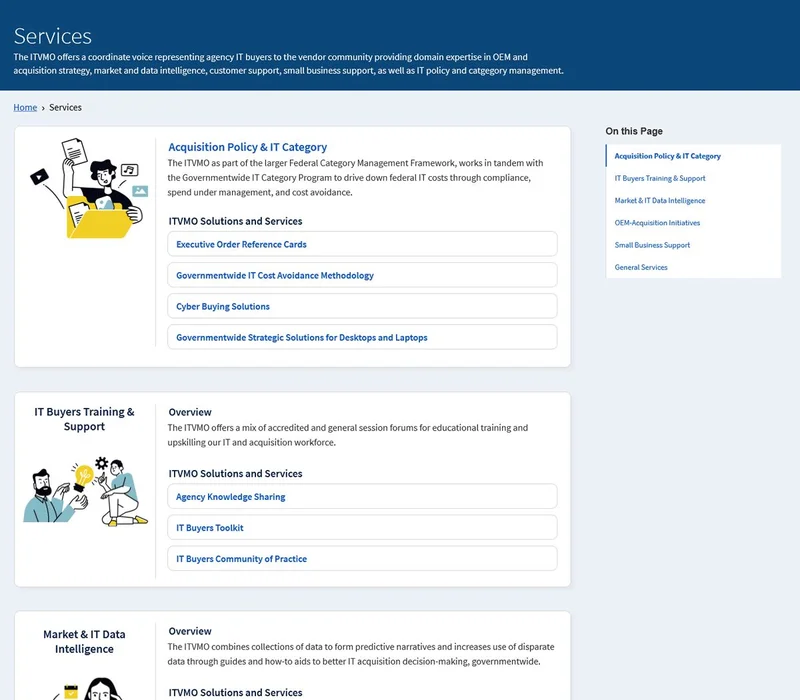 The redesigned Services page. Each card pairs an illustration with an overview and a list of named solutions as direct links. Acquisition Policy and IT Category lists four, IT Buyers Training and Support lists three. A jump menu on the right lists all six service areas.