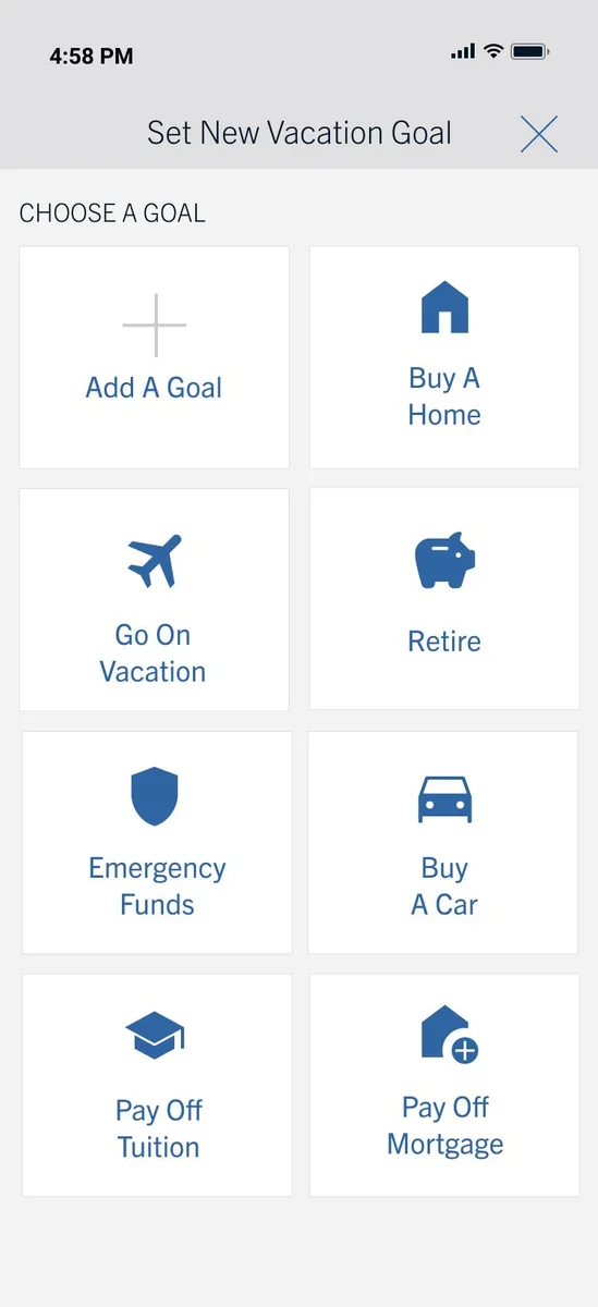 Set New Vacation Goal screen with goal types for a home, vacation, retirement, emergency fund, car, tuition, and mortgage.