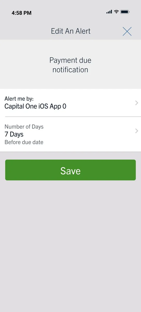 Capital One Edit An Alert screen for a payment-due notification with the Capital One iOS App selected, a seven-day lead time, and Save action.
