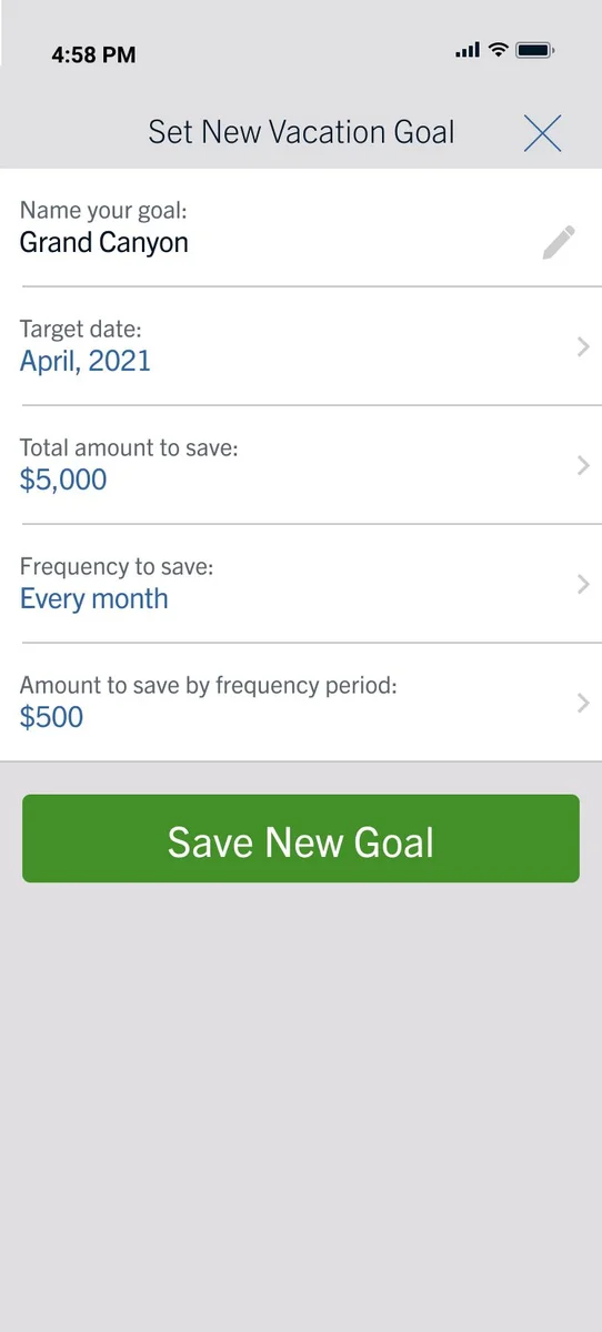 Capital One Set New Vacation Goal screen filled with a Grand Canyon goal, target date, savings amount, monthly frequency, and Save New Goal action.