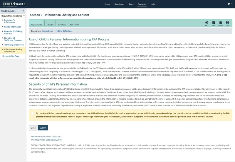 Section 6, Information Sharing and Consent. Two headed passages explain how the child's personal information is used and secured during the request process, followed by a highlighted acknowledgment checkbox and a Submit control.