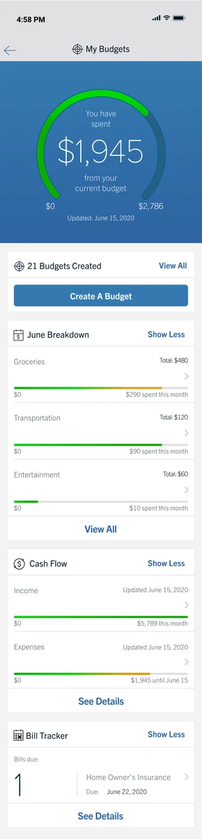 Capital One My Budgets screen showing a spending total, budget progress, cash flow, and bill tracker.