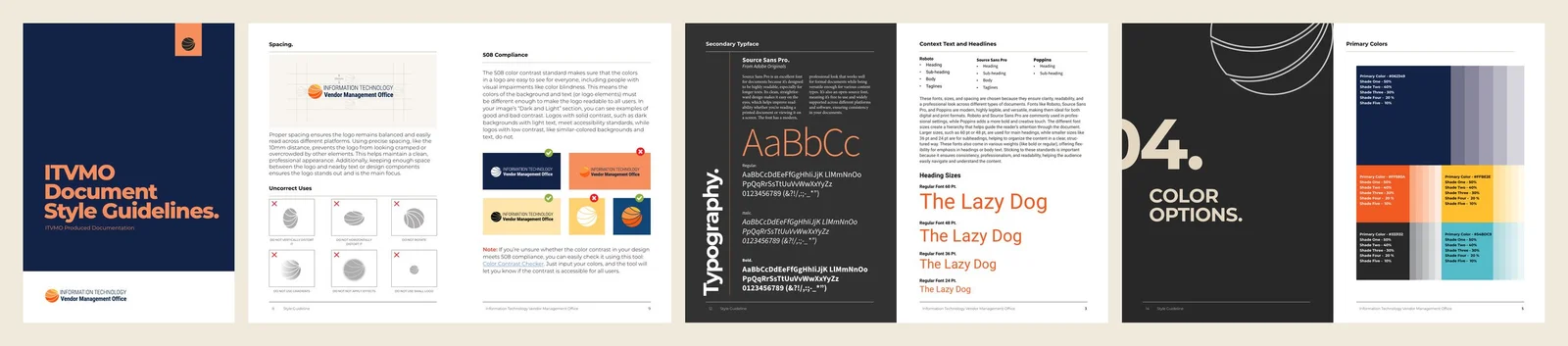 Spreads from the twenty-four page ITVMO Document Style Guidelines, showing the cover, logo standards with 508 contrast pass and fail examples, typography hierarchy, and the primary color system.