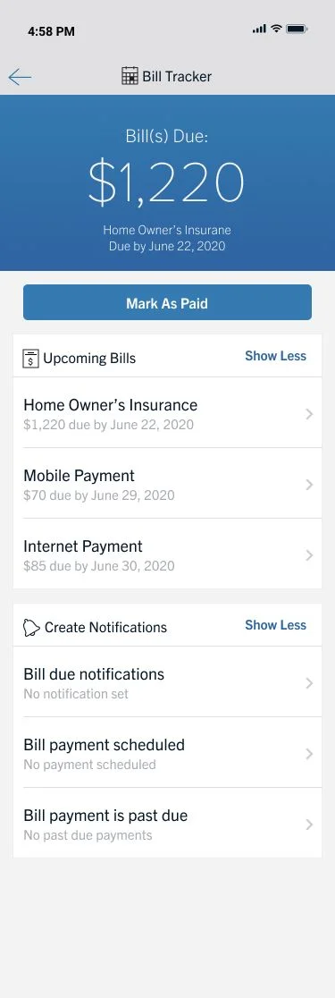 Capital One Bill Tracker screen showing $1,220 due, an upcoming-bills list, and bill notifications.