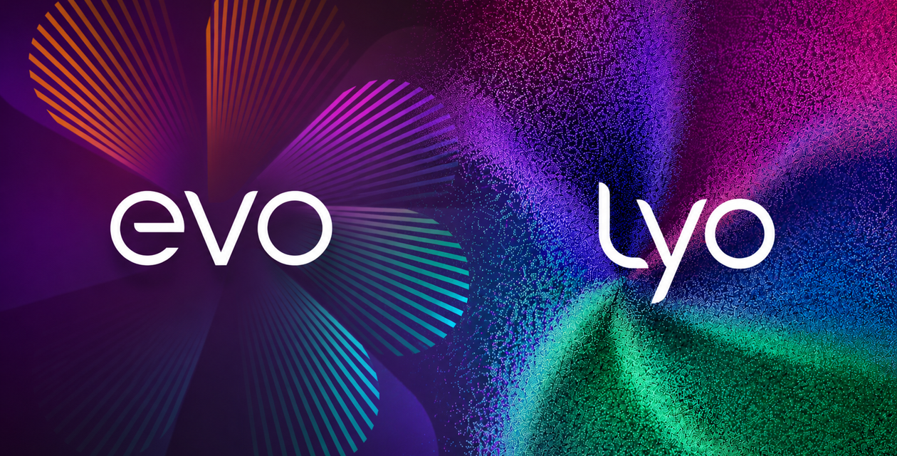 Visual con i loghi bianchi “evo” e “lyo” su sfondo astratto