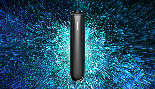 Ploom AURA device in front of a glowing blue burst on black background