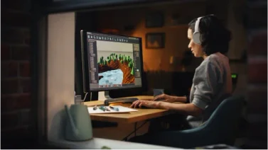 Graphiste sur son ordinateur en pleine création, elle a un casque sur les oreilles.
