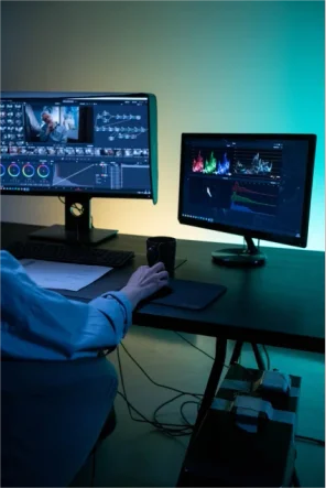 bureau avec deux écrans, davinci resolve, etallonnage, personne qui travaille 