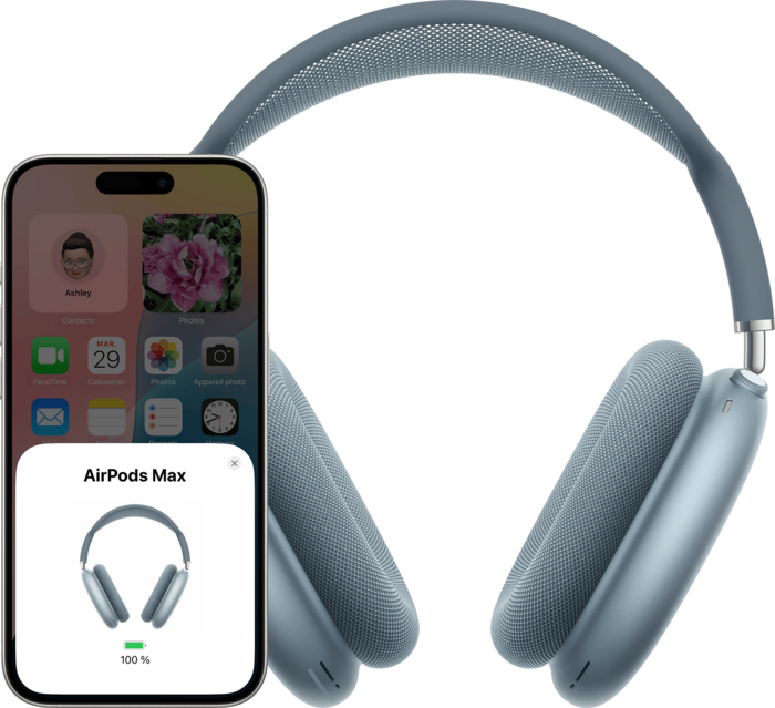 AirPods Max bleu connecté à un iPhone