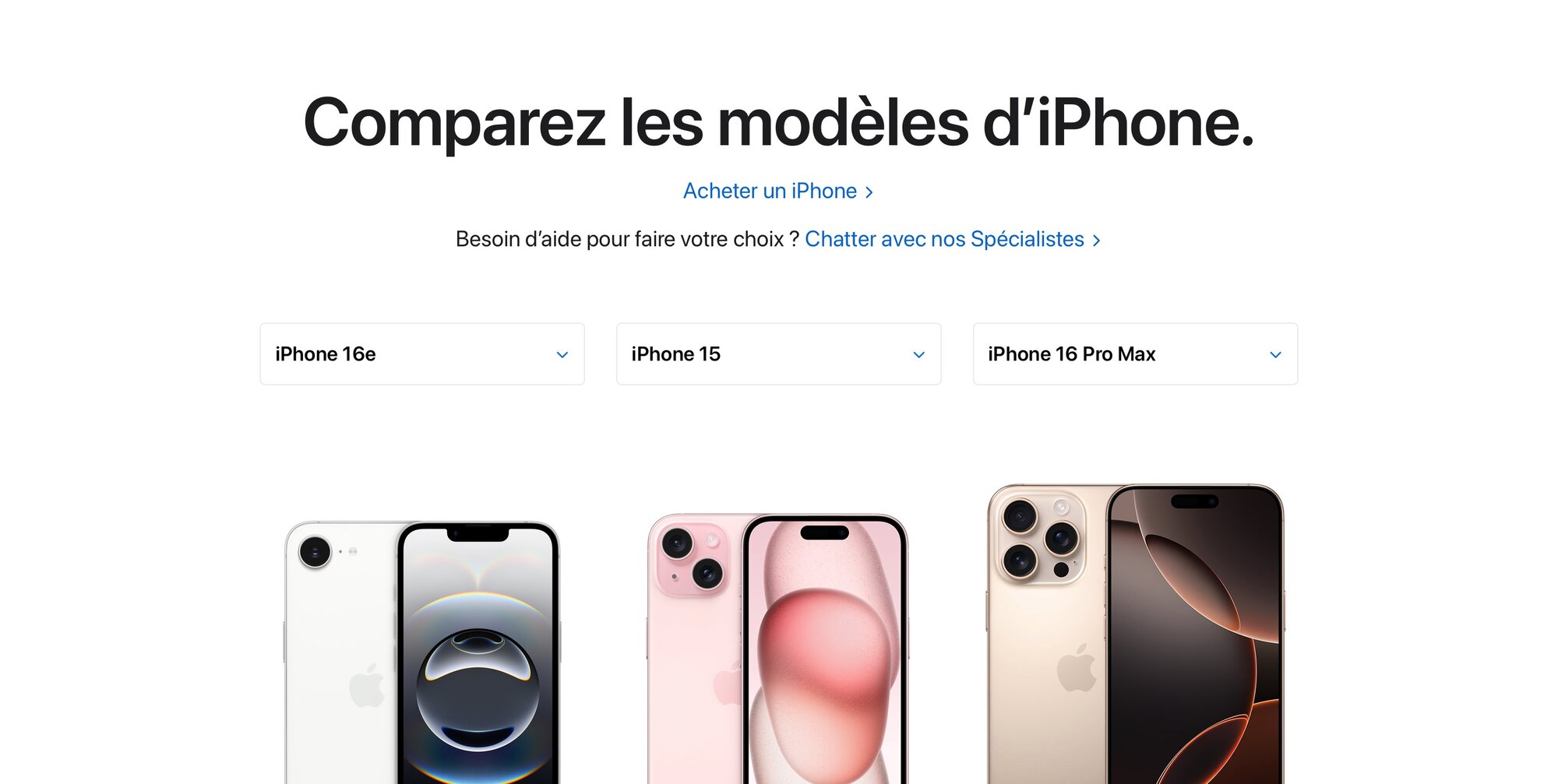 Site d'Apple pour comparez les fonctionnalités et les caractéristiques des iPhone 16e, iPhone 15, et d'autres modèles.