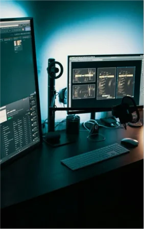 Bureau avec deux écrans. Un setup led et un clavier/souris.