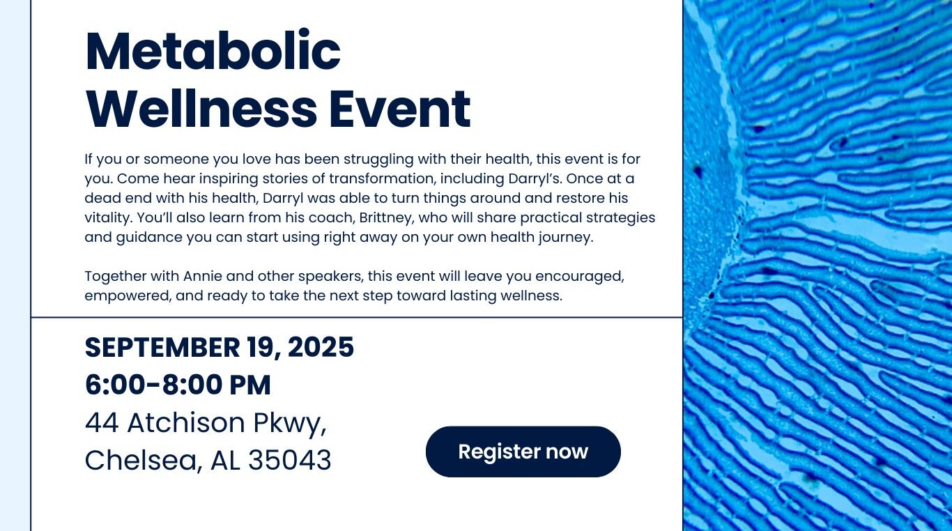 Metabolic Wellness Event in Chelsea, AL on September 19, 2025 featuring inspiring health transformation stories, practical wellness strategies from coach Brittney, and speakers Darryl and Annie.