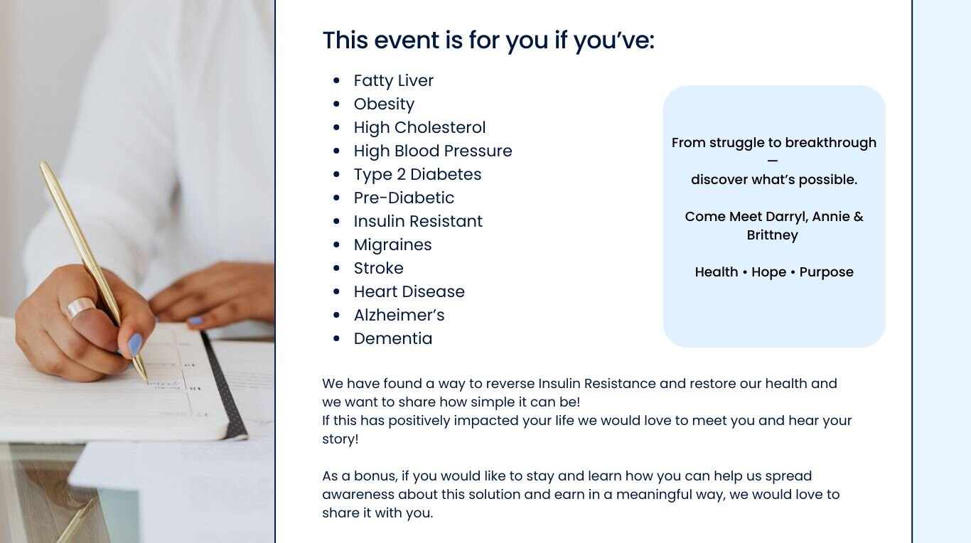 Health and wellness event promotion highlighting reversal of insulin resistance and conditions like fatty liver, diabetes, high blood pressure, and heart disease, with Darryl, Annie, and Brittney, alongside a woman writing in a planner.