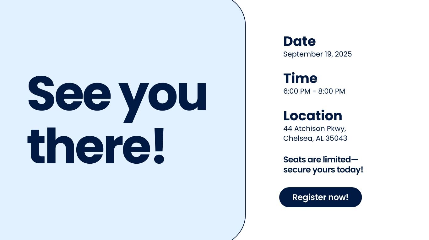 Metabolic Wellness Event on September 19, 2025 from 6–8pm at 44 Atchison Parkway, Chelsea, AL. Limited seats available, register now.