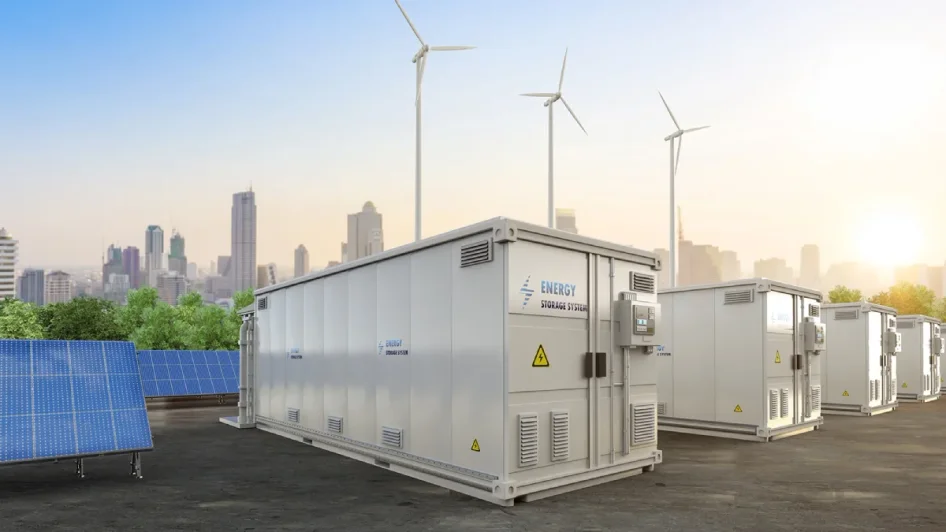 A shipping container converted into a containerized battery