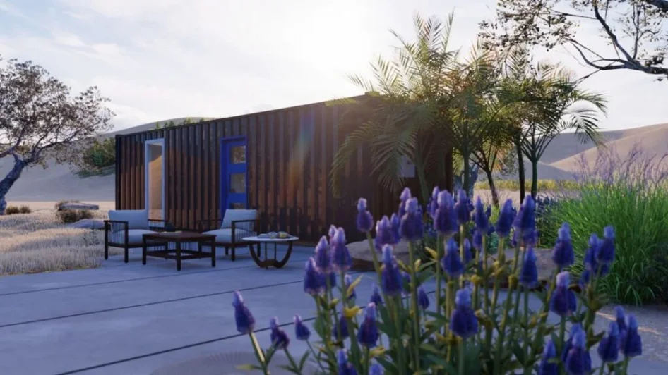 A shipping container home in a picturesque setting