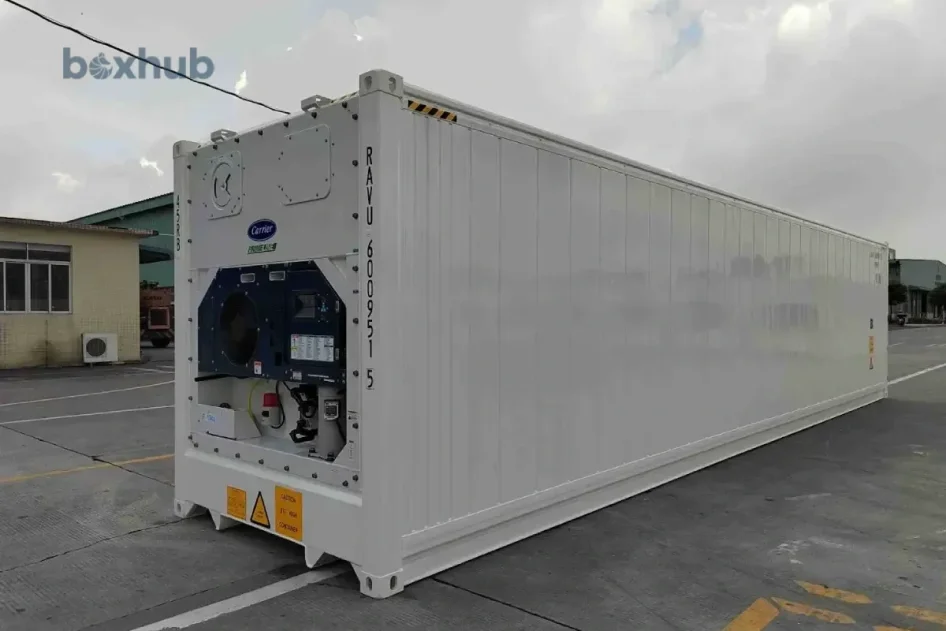 A refrigerated (or "reefer") shipping container