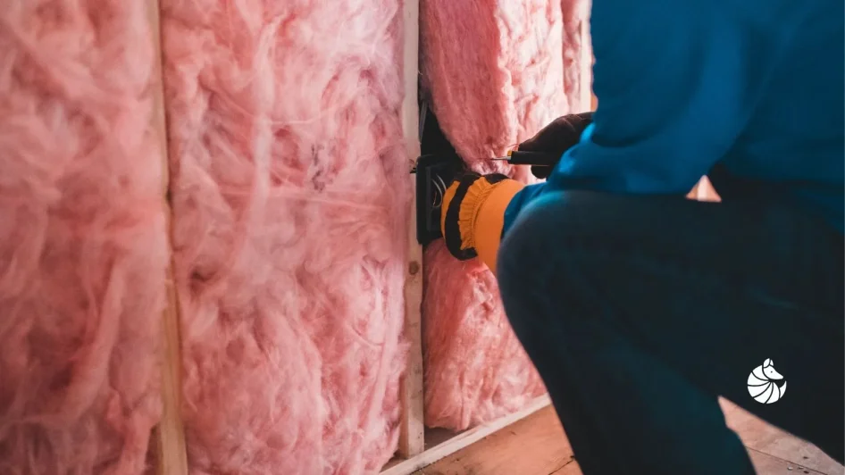 A person installs strips of insulation in a shipping container