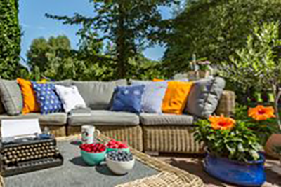 colorful patio and plants complement each other