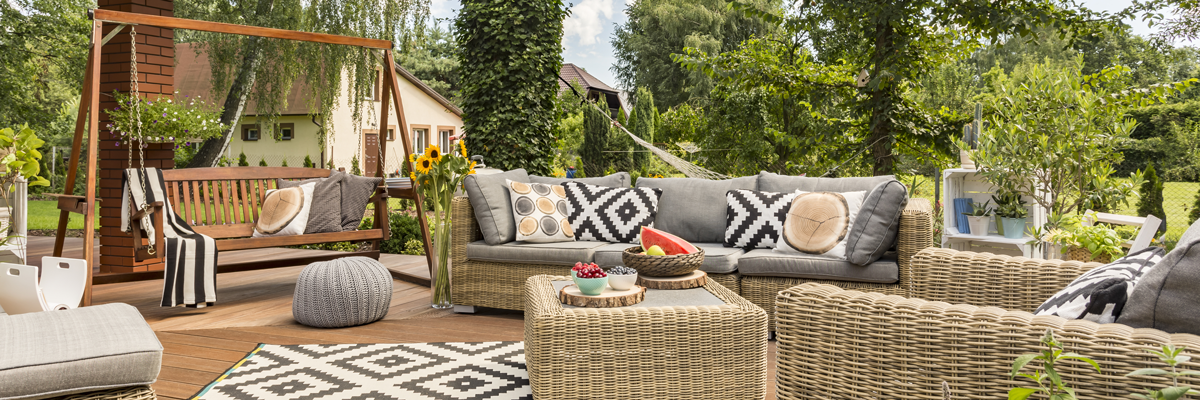 Colorful patio with furniture and plants