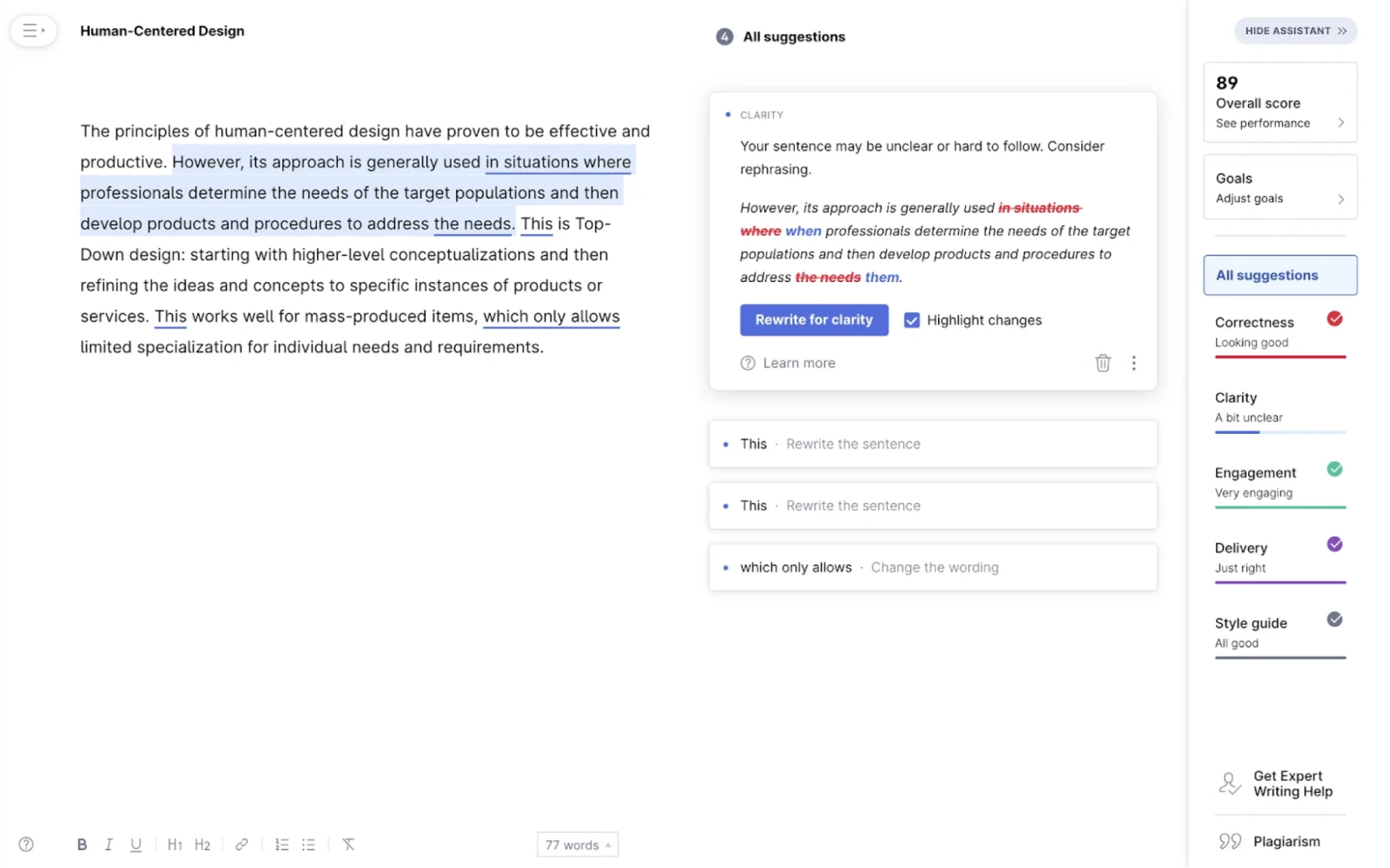Grammarly's AI rewrite interface showing original text with multiple AI-generated alternatives displayed below, each with tone indicators and one-click options to refine, shorten, or adjust formality