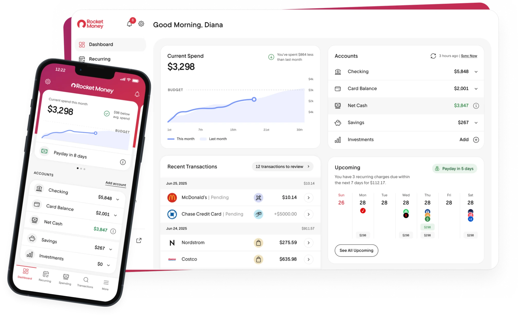 Rocket Money app dashboard showing predictive spend insights, subscription recommendations, and automated bill tracking