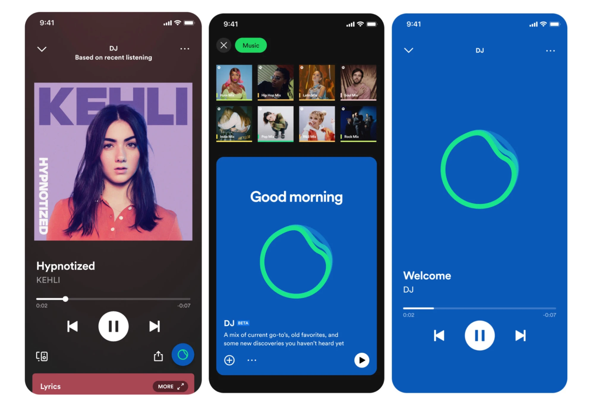 Spotify AI DJ interface showing personalized playlist recommendations with AI-generated commentary and music selection