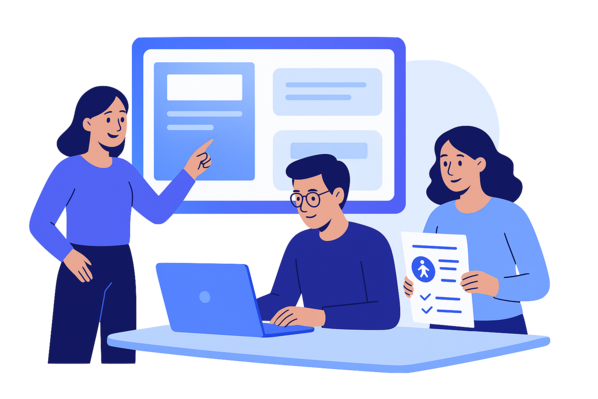 Flat-style digital illustration showing three professionals collaborating at a shared workspace. One woman stands and points to a large display resembling a Figma interface, a man types on a laptop, and another woman reviews a document with accessibility symbols. The scene uses shades of indigo and blue on a light background, conveying teamwork and inclusion.