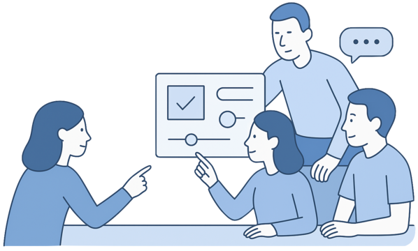 A flat style illustration showing team of 4 people, collaborating on improving accessibility for website components