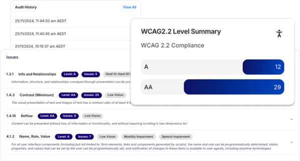 A collage of dashboard widets showing accessibility issues, audit history, and error details