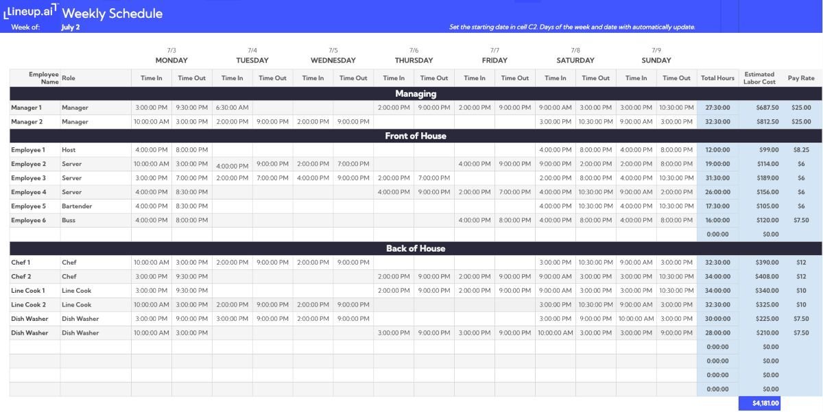 free weekly schedule for restaurants