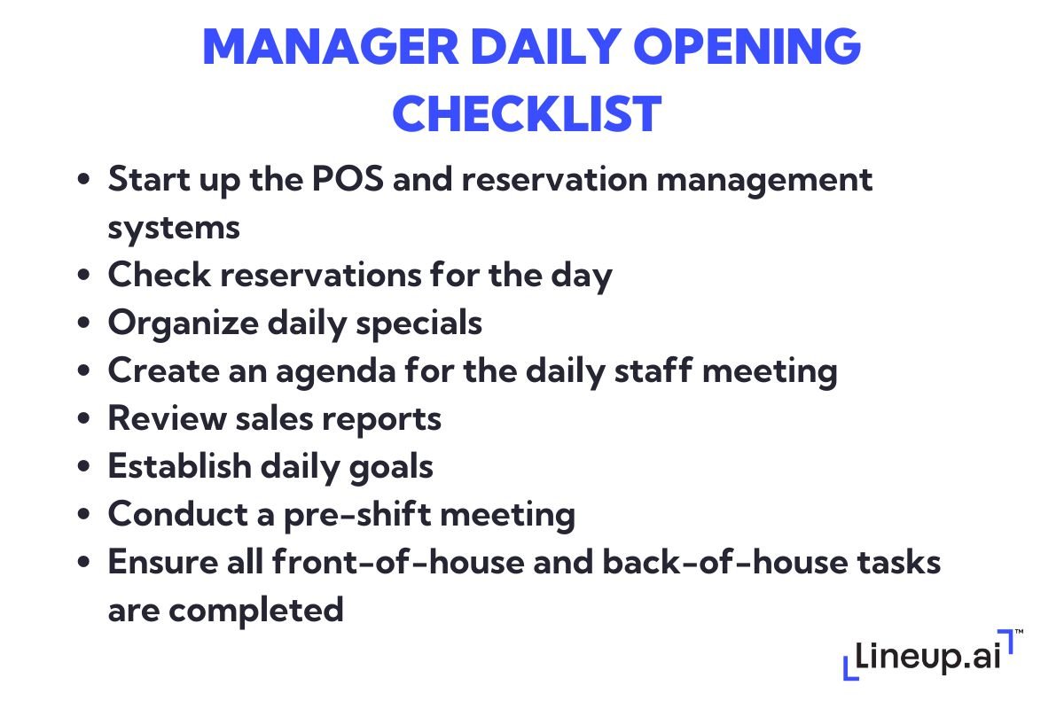 restaurant manager daily opening checklist