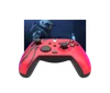 A vibrant red gaming controller is displayed in front of a scene featuring a character in armor and a figure in a blue outfit.